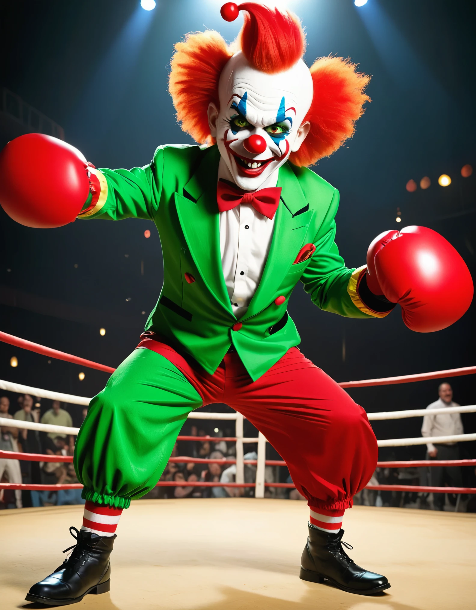 masterpiece, best quality, hires, solo, solo focus, 1man, alien, cartoon, wacky, clown costume, red nose, cartoon eyes, evil clown, green-skinned, green eyes, yellow teeth, large boxing gloves, circus tent backdrop, short body, jumping, evil grin, villain, wacky atmosphere, green Mohawk, (midget), white clown makeup, light blue shirt, red boxer shorts, solo, full body, cowboy shot, (bow tie), dynamic fighting stance pose, standing.