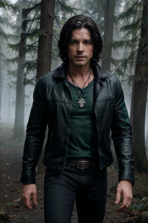 Sean Maguire, Robin Hood, Teen Wolf, 40 years old, short messy black hair, green eyes, open black leather jacket, blue wolf print shirt, dark black jeans, black combat boots, wolf pendant, wolf print White. Forest background with fog aura around black color.