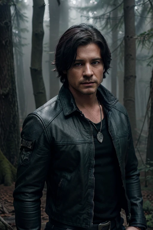Sean Maguire, Robin Hood, Wolf, 40 years old, short messy black hair, green eyes, open black leather jacket, blue wolf print shirt, dark black jeans, black combat boots, wolf pendant, wolf print White. Forest background with fog aura around black color.