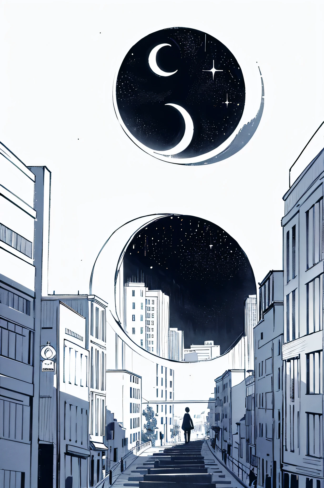 simple city with a crescent moon and stars\