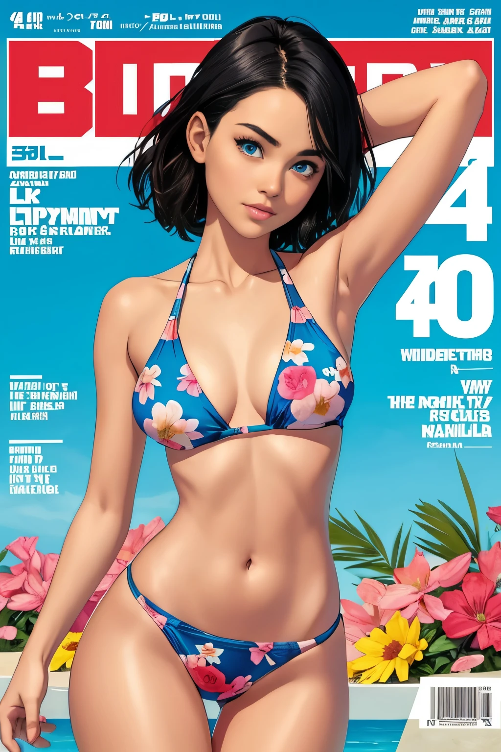Swimsuit magazine cover, young woman, slim:1.4, 18yo, jump, floral swimsuit, medium breast, perfect body, black haired, blue eyes, thigh gap,