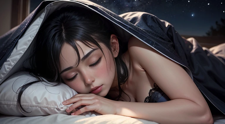 Night Sky、Realistic、Woman sleeping on blanket、A radiant aura emanates from a woman sleeping under a blanket、超A high resolution、Black-haired