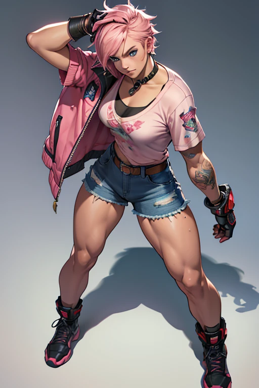 detailed and colorful sketch, realistic contour style, full body drawing, Tekken-style character, beautiful girl, fighter's physique, girl with British features, light blue eyes, short pink hair with dark roots, wearing a casual blouse and denim shorts, with punk gloves, robotic prosthetic left arm