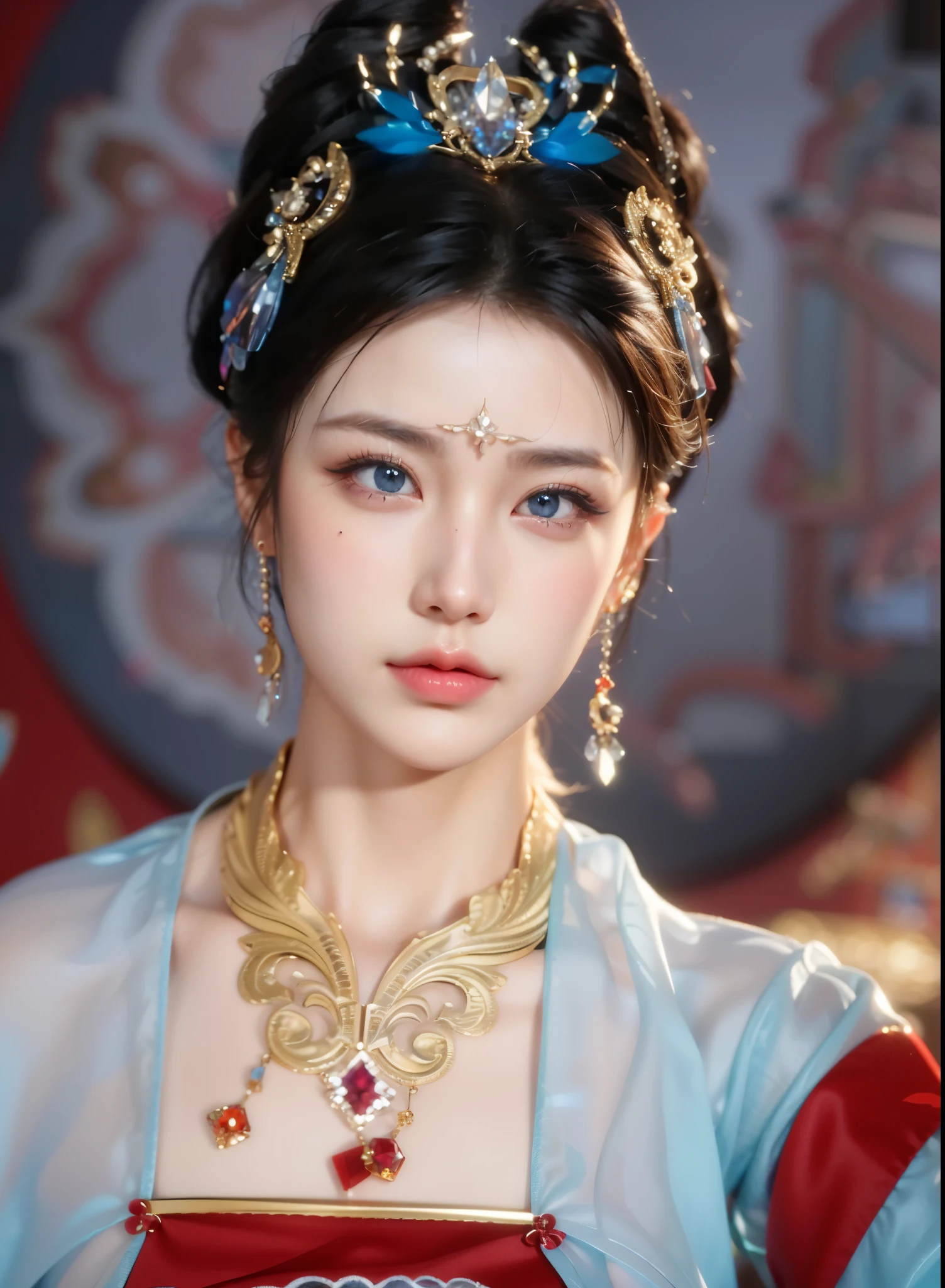 Game Art,Best image quality,Maximum resolution,8k,(A half-length photo),(portrait),(Head close-up),(Rule of Thirds),Unreal Engine 5 rendering works,20 year old girl,((Queen)),The eyes are very detailed,(Large Breasts),Elegant and noble,Light,Light线追踪,Game CG,((3D Unreal Engine)),OC rendering reflection mode,4K,Ultra-clear,Sensual,Translucent lace,Fair and plump figure,Pretty Face,Light泽凝胶涂层,身着华贵礼服的Queen,Crystal Gem Crown,Necklace jewelry,blue eyes,The tattoo is very three-dimensional,Gorgeous and intricate tattoo designs,Ultra-clear portrait,Sexy body,Temple Princess,Sapphire eyes,Gorgeous clothes,