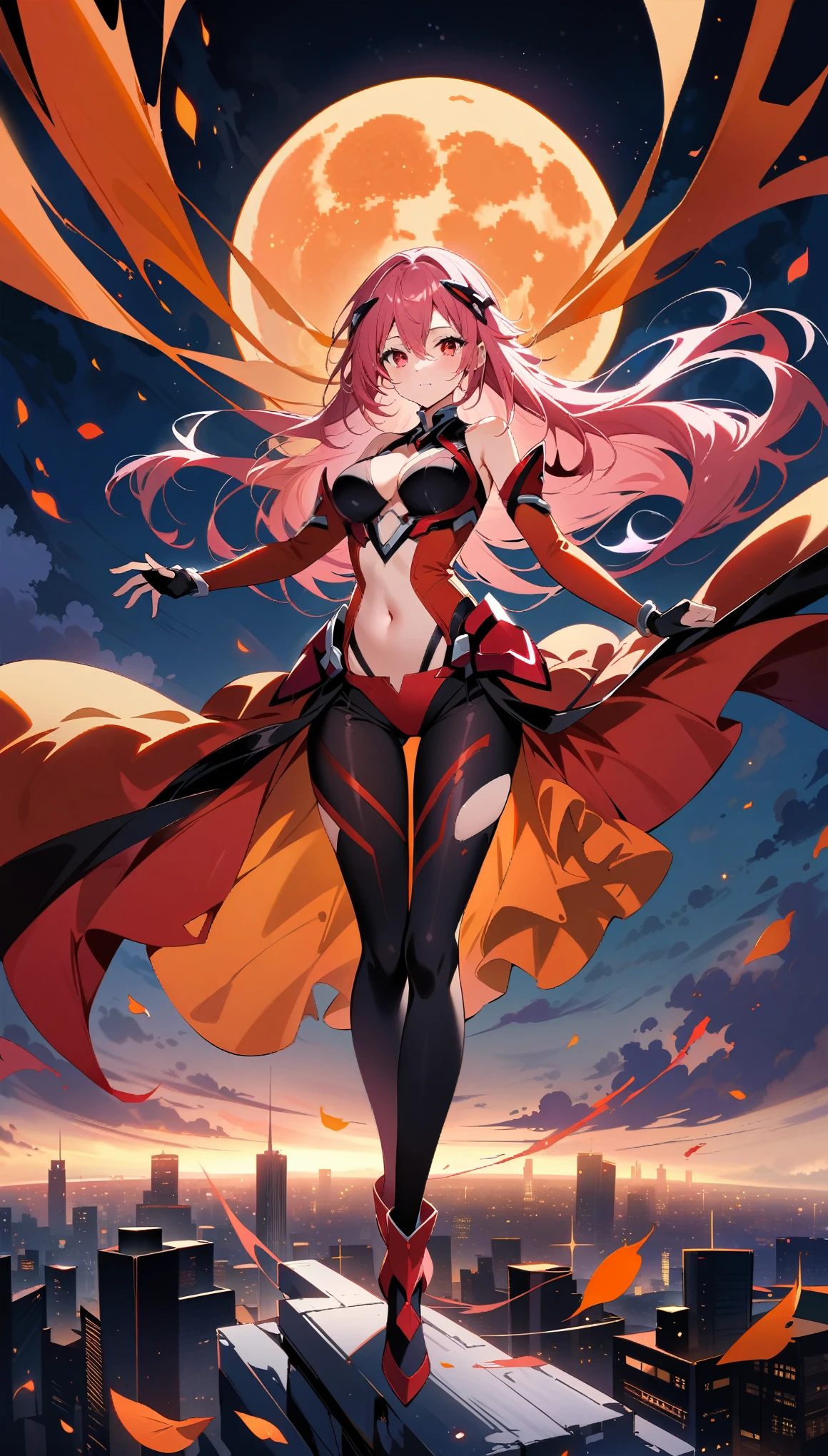 masterpiece, best quality, very aesthetic, absurdres, newest,1girl,standing, full body,
yuzuriha_inori(guilty_crown), guilty_crown, 1girl, bare_shoulders, black_pants, red_and_orange_clothes, floating_clothes,open_clothes,red panties, Splited skirt hem,very long skirt hem, detached_sleeves, fingerless_gloves, floating_hair, hair_ornament, linea_alba, long_hair, medium_breasts, narrow_waist, navel, pink_hair, red_eyes, cityscape, leaf, moon, night, night_sky, outdoors, sky, skyscraper,