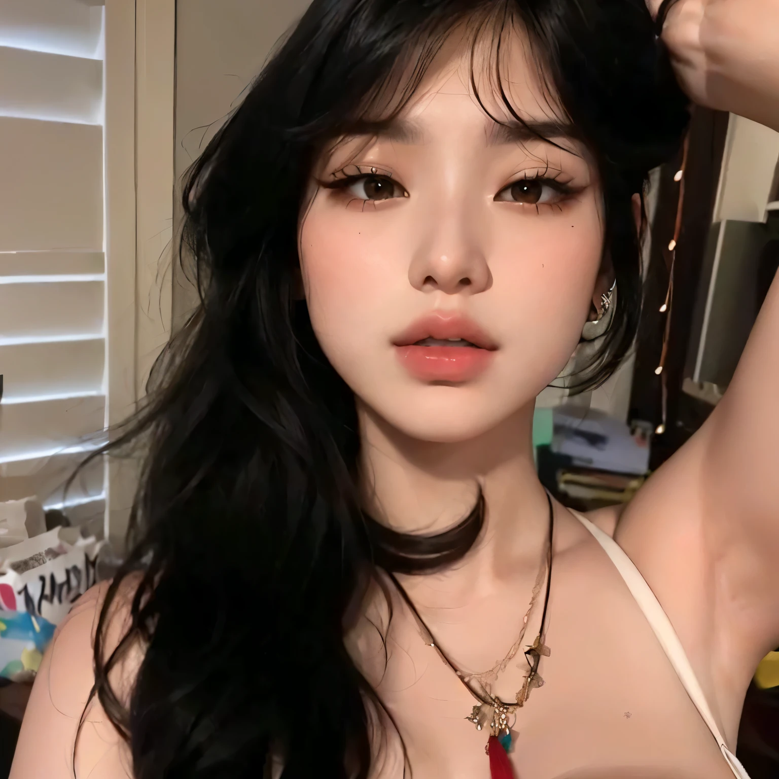 There is a woman with long black hair wearing a white top, kawaii retrato realista, Beautiful Asian girl, detailed face of a asian girl, 🤤 retrato da menina, Fotografia selfie 8k, young cute wan asian face, young adorable korean face, foto retrato suave 8 k, Arte no estilo de Guweiz, Modelo IG | Artgerm, Menina anime na vida real