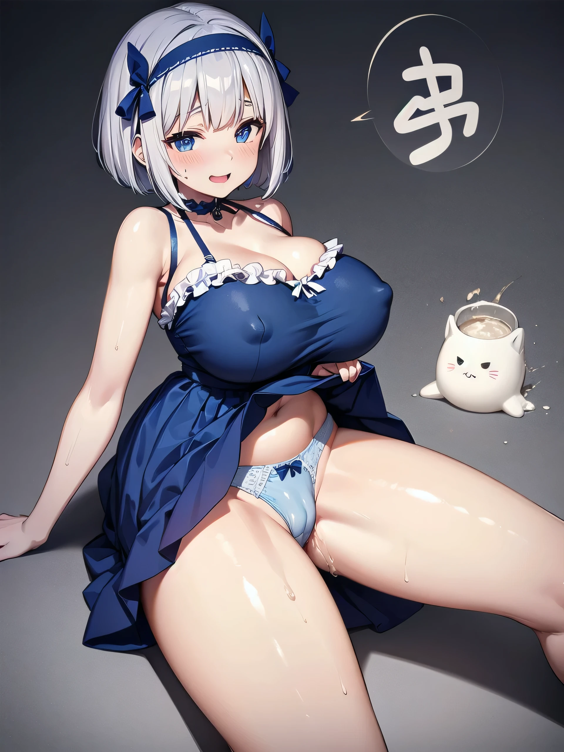 one person、、ergarteners、、、、Short Bob、Bangs、Headband、ribbon、Gray Hair、Magical Girl Cosplay、Blue and white theme、A heavy blue and white dress、race、Frills、Sit with your legs apart、Pussy、Thick white love juice、Drip a large amount of love juice、blush、smile、See-through clothing、Masturbation、masturbation behavior、Picking Pussy、、(Huge breasts:1.2)、Massage the breasts、Sweat、orgasm、Climax、Cute patterned underwear、Low - Angle、Nipples show through the top of clothes、Underwear wedgie、Pull up your skirt、M-shaped legs