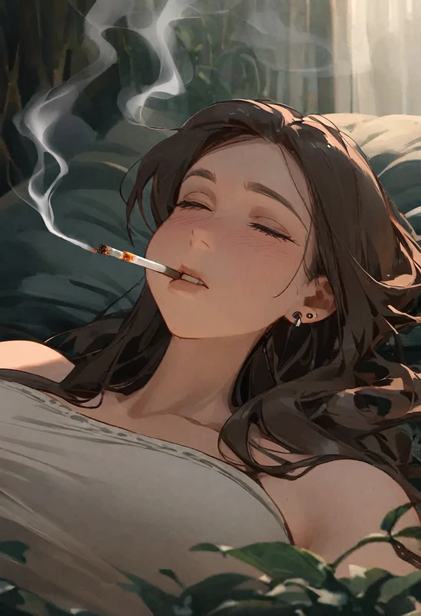 jane porter from tarzan rapidly smoking cigarettes, lying on her back, piercings, rapidly smoking cigarettes, sucking very hard on cigarette, deeply inhaling, the cigarette ash is growing very long, the cigarette ash is very long, SMOKE IN MOUTH, lots of cigarette ash, 