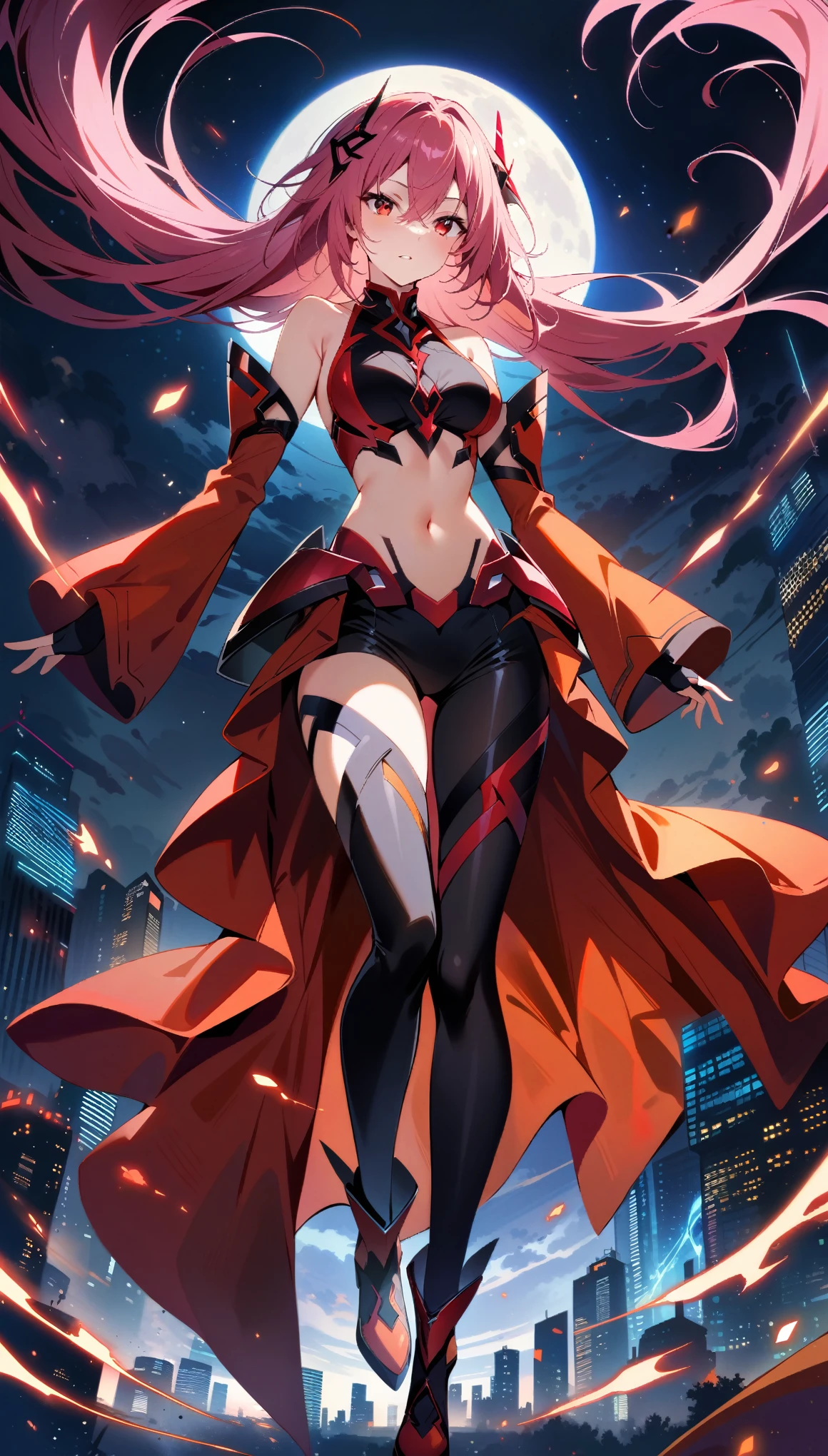 masterpiece, best quality, very aesthetic, absurdres, newest,1girl,standing, full body,floating in sky,
yuzuriha_inori(guilty_crown), guilty_crown, 1girl, bare_shoulders, black_pants, red_and_orange_clothes, floating_clothes,open_clothes,red panties, Splited skirt hem,very long skirt hem, detached_sleeves, fingerless_gloves, floating_hair, hair_ornament, linea_alba, long_hair, medium_breasts, narrow_waist, navel, pink_hair, red_eyes, cityscape, leaf, moon, night, night_sky, outdoors, sky, skyscraper,