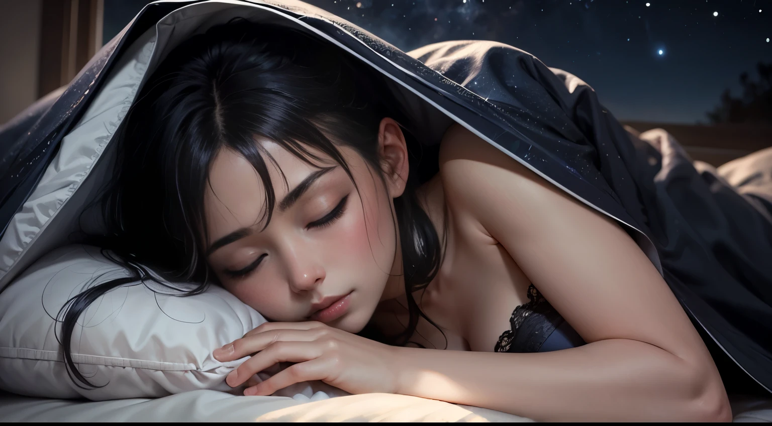 Night Sky、Realistic、Woman sleeping on blanket、A radiant aura emanates from a woman sleeping under a blanket、超A high resolution、Black-haired