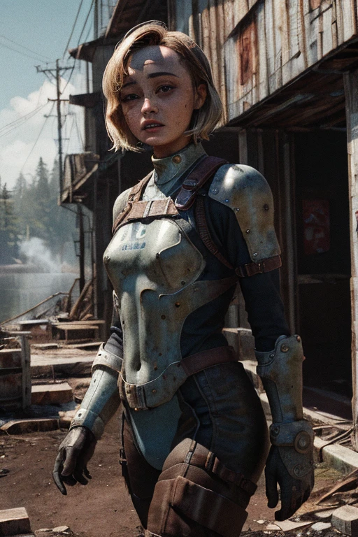 Ella Purnell, Lucy, Fallout,, post-apocalypse, fog, light particles, (best quality, masterpiece, bokeh, highres), fallout 4, 1girl, blue vaultsuit, VaultGirl, blonde hair, narrowed eyes, short hair, without pipboy3000, leather armored, walking, holding gun, closed mouth, looking to the side, lake, nuka cola, radiation symbol,
more grainy
