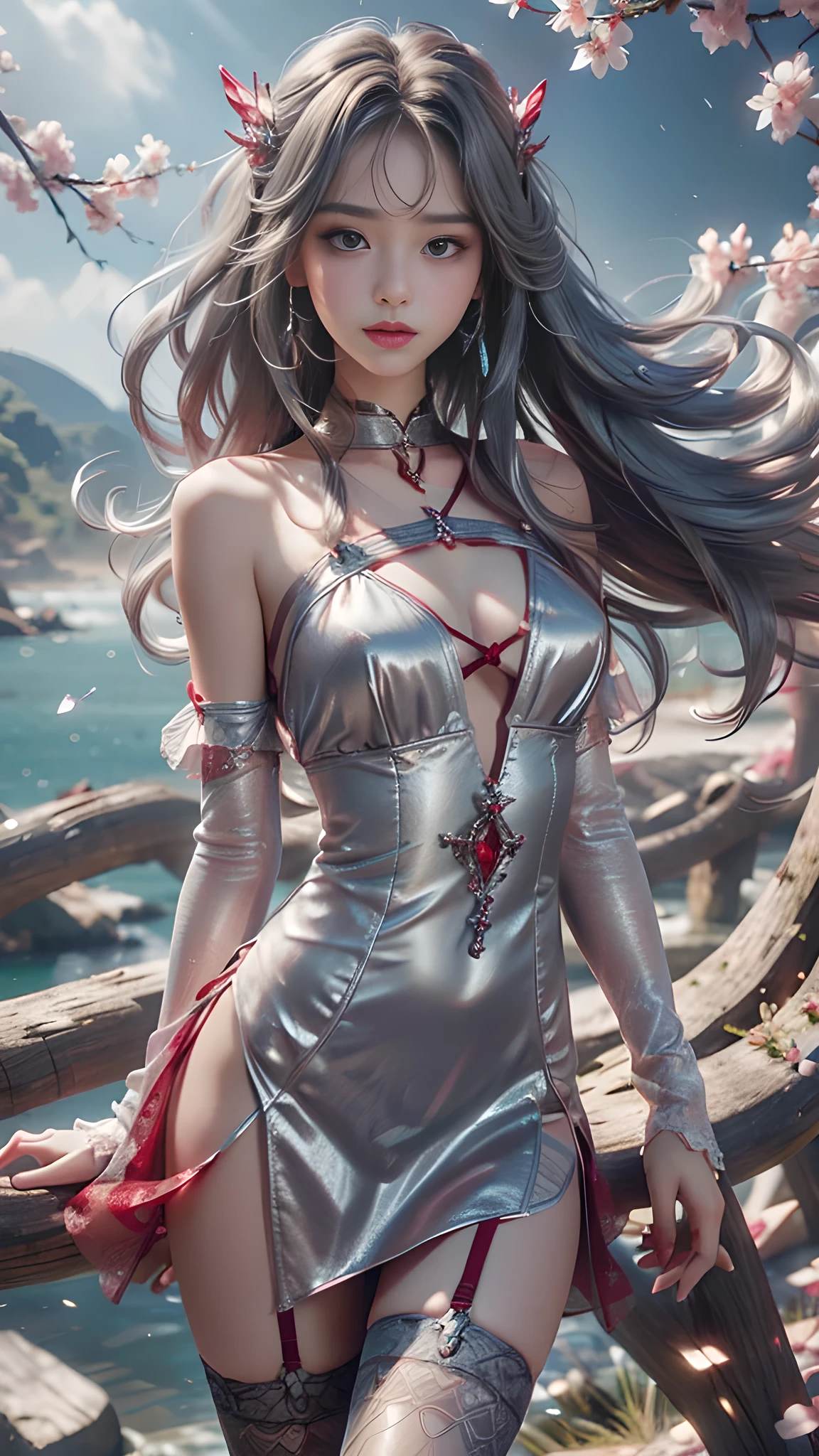 8K, ultra hd, masterpiece, hd color, 1 girl, perfect face, very long curly hair, detailed eyes, she wears a small sexyly red dress, ((silver clothes)), stockings, (( criss-cross lace)), sardine, straps, clothing net, ((long loop)), jewelry, seaside, Realistic landscape, majestic landscape, standing in front of the night, evening, Butterfly , cherry blossoms, blowing wind, perfect posture, sexyly poses,