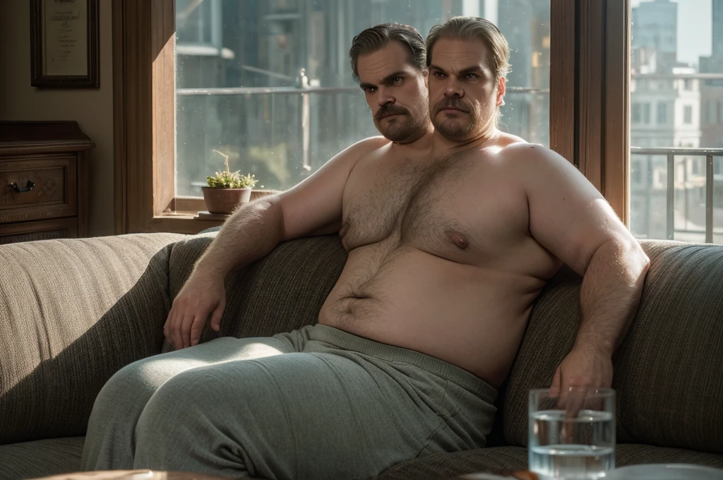 (((2heads))), solo, ((((david harbour)))), middle aged, male, short graying hair, (((obese, overweight, fat, chubby, heavy, dadbod))), ((shirtless)), navel, sweatpants, body hair, dreamy atmosphere, dark cyan and red, i can't believe how beautiful this is, serene atmosphere, epic realistic, soft cinematic light, hdr, intricate, highly detailed, (depth of field:1.4), faded, (neutral colors:1.2), (hdr:1.4), (muted colors:1.2), hyperdetailed, (artstation:1.4), cinematic, dramatic light, (intricate details:1.1), porch scenery, (rutkowski:0.66), (intricate details, hyperdetailed:1.15) (skin texture:1.2), detailed expressions, tired, frowning, natural pose, sitting on couch