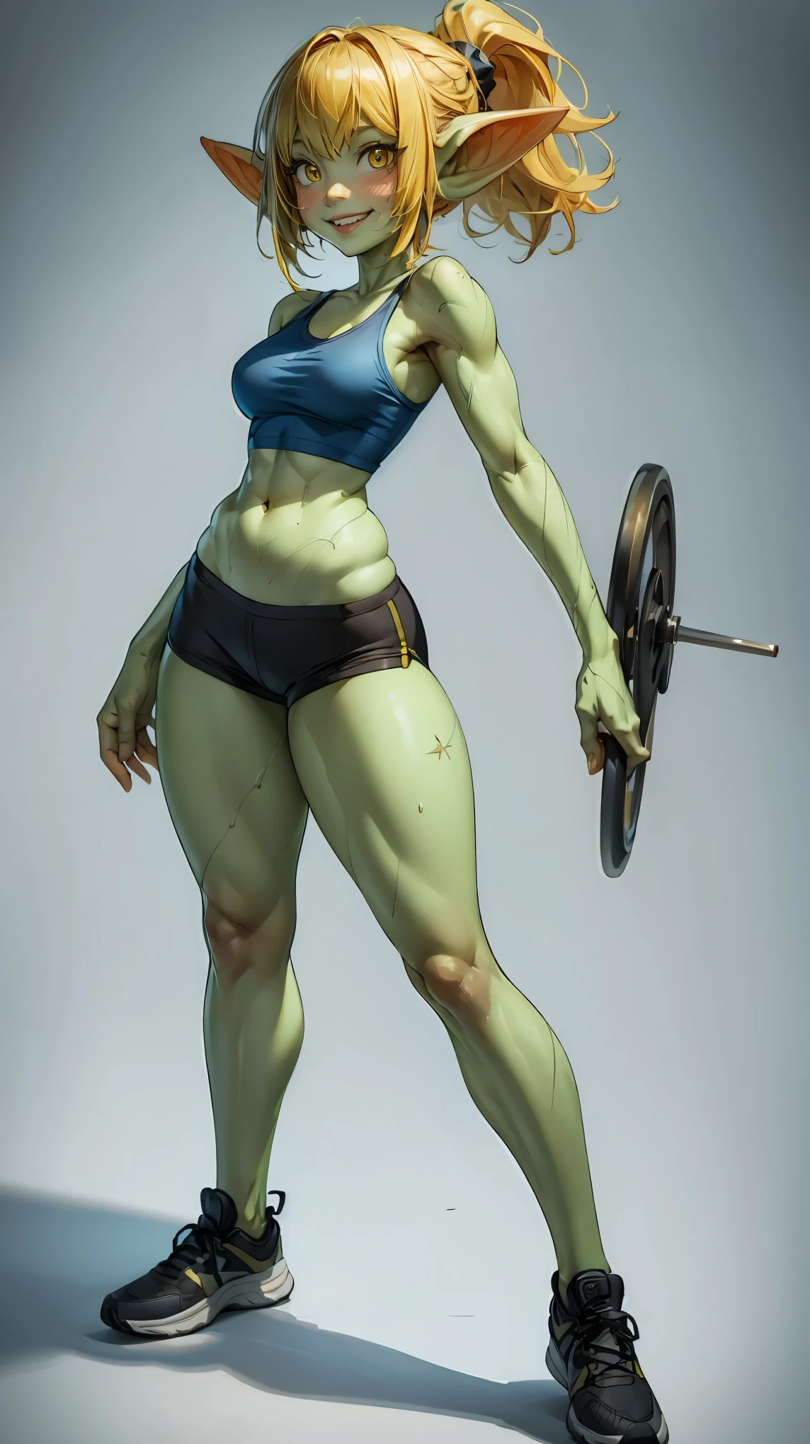 ((best quality)), ((masterpiece)), (detailed), happy goblin girl, green skin, pointy ears, yellow hair in tight ponytail, tiny breasts, 3 feet tall, very small, very tiny, very thin, muscular, tight blue gym shorts, tight blue tank top, view from behind, (full body), standing in front of white background, posing for picture, sexy, pov front, smiling