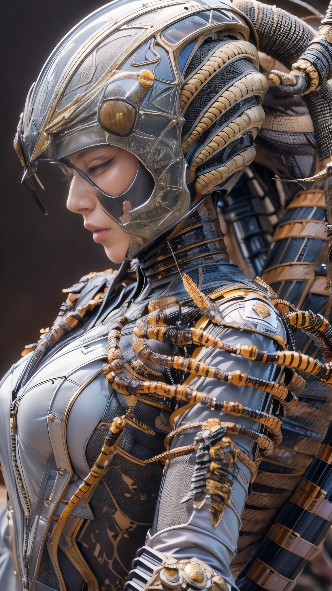 (high resolution,masterpiece,best quality,extremely detailed CG,),(japanese femal soldier), photorealistic,  amazing fine details, all intricate, gloss and shiny,(whole body picture), awesome many layers, 8k, ultimately realistic face, villainess, (fusion of scorpion and lady:1.4), (scorpion form lady:1.2), (scorpion lady:1.2), (fusion:1.2), (scorpion exoskeleton bio insect suit:1.4), fighting pose, , dystopia with a beautiful view