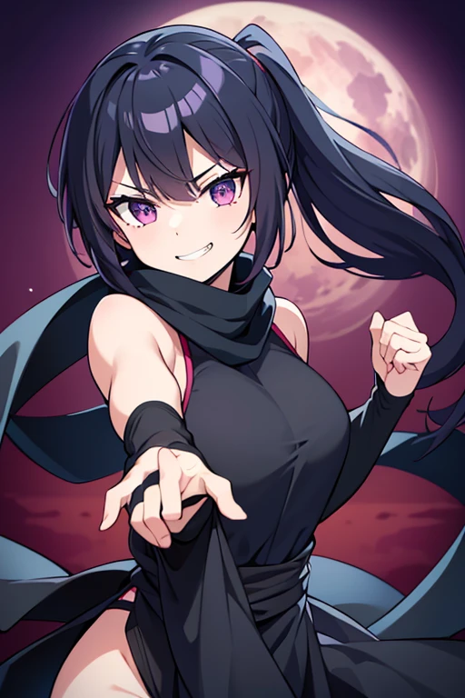 (masterpiece), best quality, (expressive eyes), perfect face, a ninja girl, dynamic black long hair, (hair over one eye), bangs, pony tail, wide open eyes, purple eyes, smug smile, teeth, black mouth mask, purple scarf, dark purple sleeveless suit, black tight sleeves, shot from below, ((looking down at viewer)), ((close up shot)), red sky night indoor scenery, yellow moon, ninja pose