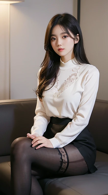An elegant, upper-class, elite secretary wearing a white knitted sweater, Skirt and thighs、27 years old、height 162cm、Sitting on a sofa in a cafe with legs crossed、whole body、Office Clothes, (Wearing pantyhose,Realistic pantyhose)、Working in the office、Wearing an ultra-thin satin blouse, Wear high-quality high heels、 Blouse Girl, Wearing an elegant blouse, Wearing a very thin blouse, Businesswoman, Blouse and skirt, Wearing a silk blouse, Wear a shirt and skirt, RAW Photos, (8k、highest quality、masterpiece:1.2)、(Intricate details:1.4)、(Photorealistic:1.4)、Octane Rendering、Complex 3D rendering with ultra-detail, Studio Soft Light, Rim Light, Vivid details, Super Detail, Realistic skin texture, Detailed aspect, Beautiful details in the eyes, Highly detailed CG Unity 16k wallpaper, compensate, (Detailed Background:1.2), Exposed thighs!!!,