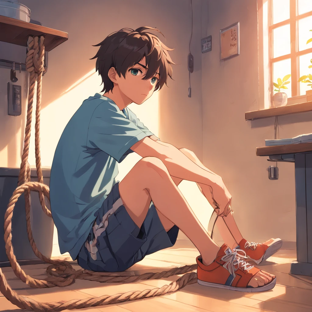 Boy in shorts, sitting on the floor, rope, restraints, punishment, SM, bondage