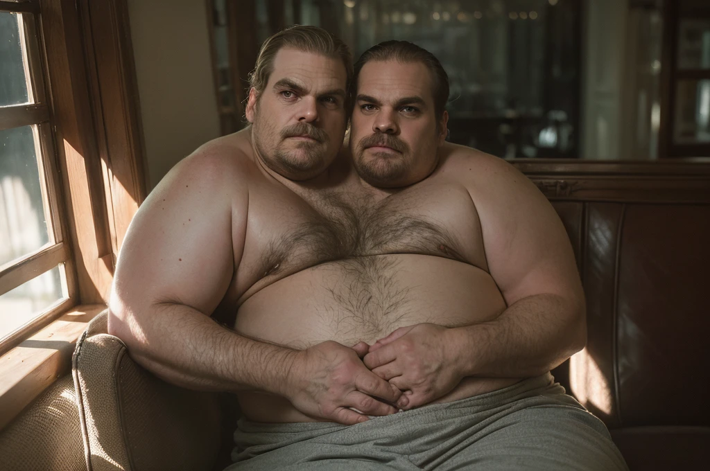 (((2heads))), solo, ((((david harbour)))), middle aged, male, short graying hair, (((obese, overweight, fat, chubby, heavy, dadbod))), ((shirtless)), navel, sweatpants, body hair, dreamy atmosphere, dark cyan and red, i can't believe how beautiful this is, serene atmosphere, epic realistic, soft cinematic light, hdr, intricate, highly detailed, (depth of field:1.4), faded, (neutral colors:1.2), (hdr:1.4), (muted colors:1.2), hyperdetailed, (artstation:1.4), cinematic, dramatic light, (intricate details:1.1), porch scenery, (rutkowski:0.66), (intricate details, hyperdetailed:1.kin texture:1.2), detailed expressions, tired, frowning, natural pose, sitting on couch