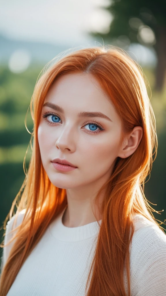 Generate a portrait of a white woman of about 26 years old with light blue eyes, pronounced cheekbones, long eyelashes, soft skin, orange hair, take the photograph with high cinematic realism, as if it were with a Sony Alfa 77 DSLR camera, with daylight. forehead