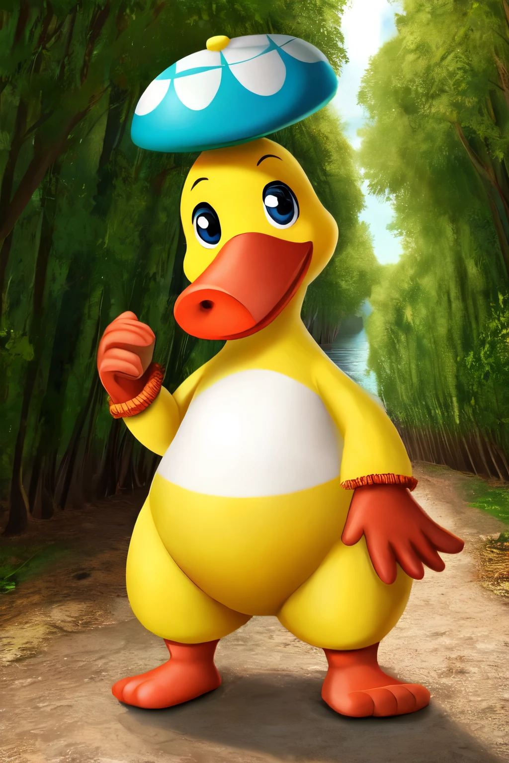 um pato realista olhando para a tela com um bolo abaixo dele