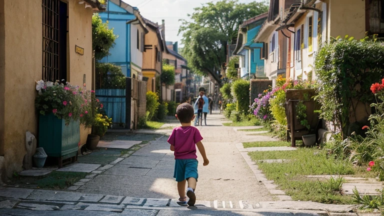 "An enchanted village with colorful houses and flower gardens. In the center of the image, a smart and curious boy walking through the streets of the village, observing everything around him with great interest.