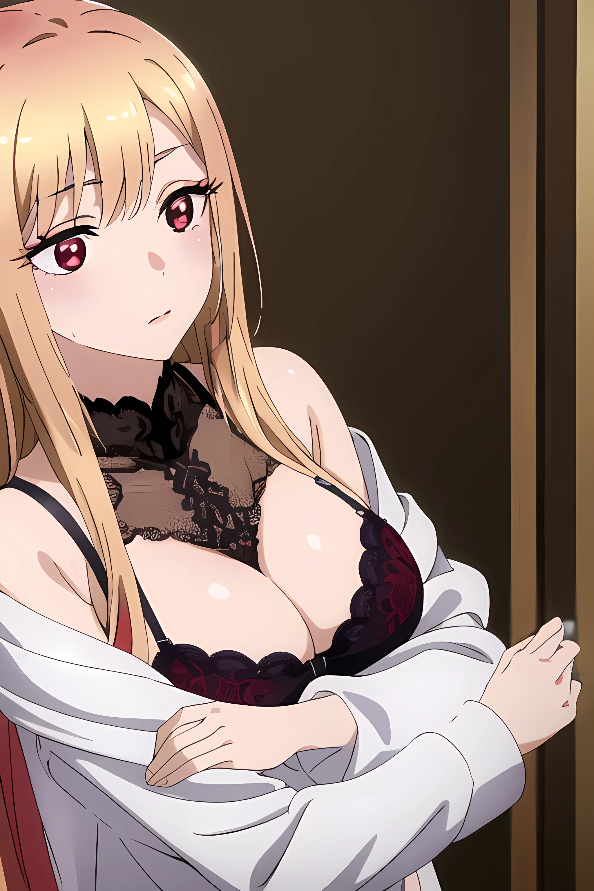 (extremely detailed CG unity 8k wallpaper), (masterpiece), (best quality), (ultra-detailed), (best illustration), (best shadow), (absurdres), 1girl, solo, pefrect face, perfect eyes, large breasts, shining breasts, close the camera, standing, shining breast, sfw, safe, ,marin kitagawa, long hair, bangs, blonde hair, (red eyes:1.5), multicolored hair, no dress, purple lace lingerie, purple lace bra, wet white jacket