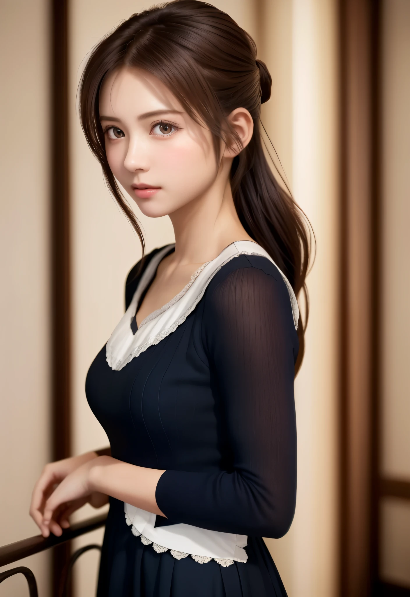 8K, of the highest quality, masutepiece:1.2), (Realistic, Photorealsitic:1.37), of the highest quality, masutepiece, Beautiful young woman, Pensive expression,、A charming、and an inviting look, Cute Maid Clothes, Hair tied back, Cinematic background, Light skin tone