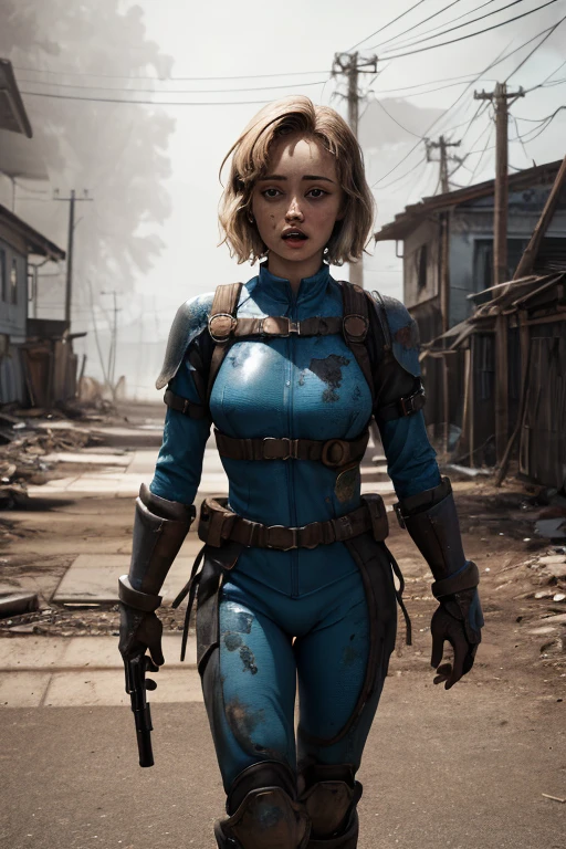 Ella Purnell, "Lucy" Fallout,, post-apocalypse, fog, light particles,  (best quality, masterpiece, bokeh, highres), fallout 4, 1girl, blue vaultsuit, VaultGirl, blonde hair, narrowed eyes, short hair, without pipboy3000, leather armored, walking, holding gun, closed mouth, looking to the side, lake, nuka cola, radiation symbol, 
 more grainy