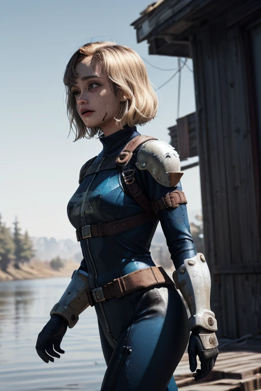 Ella Purnell, "Lucy" Fallout,, post-apocalypse, fog, light particles,  (best quality, masterpiece, bokeh, highres), fallout 4, 1girl, blue vaultsuit, VaultGirl, blonde hair, narrowed eyes, short hair, without pipboy3000, leather armored, walking, holding gun, closed mouth, looking to the side, lake, nuka cola, radiation symbol, 
 more grainy