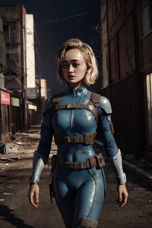 Ella Purnell, "Lucy" Fallout,, post-apocalypse, fog, light particles,  (best quality, masterpiece, bokeh, highres), fallout 4, 1girl, blue vaultsuit, VaultGirl, blonde hair, narrowed eyes, short hair, without pipboy3000, leather armored, walking, holding gun, closed mouth, looking to the side, lake, nuka cola, radiation symbol, 
 more grainy