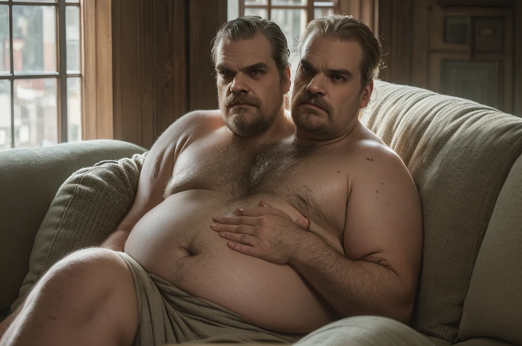 (((2heads))), solo, ((((david harbour)))), middle aged, male, short graying hair, (((obese, overweight, fat, chubby, heavy, dadbod))), ((shirtless)), navel, sweatpants, body hair, dreamy atmosphere, dark cyan and red, i can't believe how beautiful this is, serene atmosphere, epic realistic, soft cinematic light, hdr, intricate, highly detailed, (depth of field:1.4), faded, (neutral colors:1.2), (hdr:1.4), (muted colors:1.2), hyperdetailed, (artstation:1.4), cinematic, dramatic light, (intricate details:1.1), porch scenery, (rutkowski:0.66), (intricate details, hyperdetailed:1.15) (skin texture:1.2), detailed expressions, tired, frowning, natural pose, sitting on couch