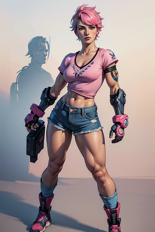 detailed and colorful sketch, realistic contour style, full body drawing, Tekken-style character, beautiful girl, fighter's physique, girl with British features, light blue eyes, short pink hair with dark roots, wearing a casual blouse and denim shorts, with punk gloves, robotic prosthetic left arm