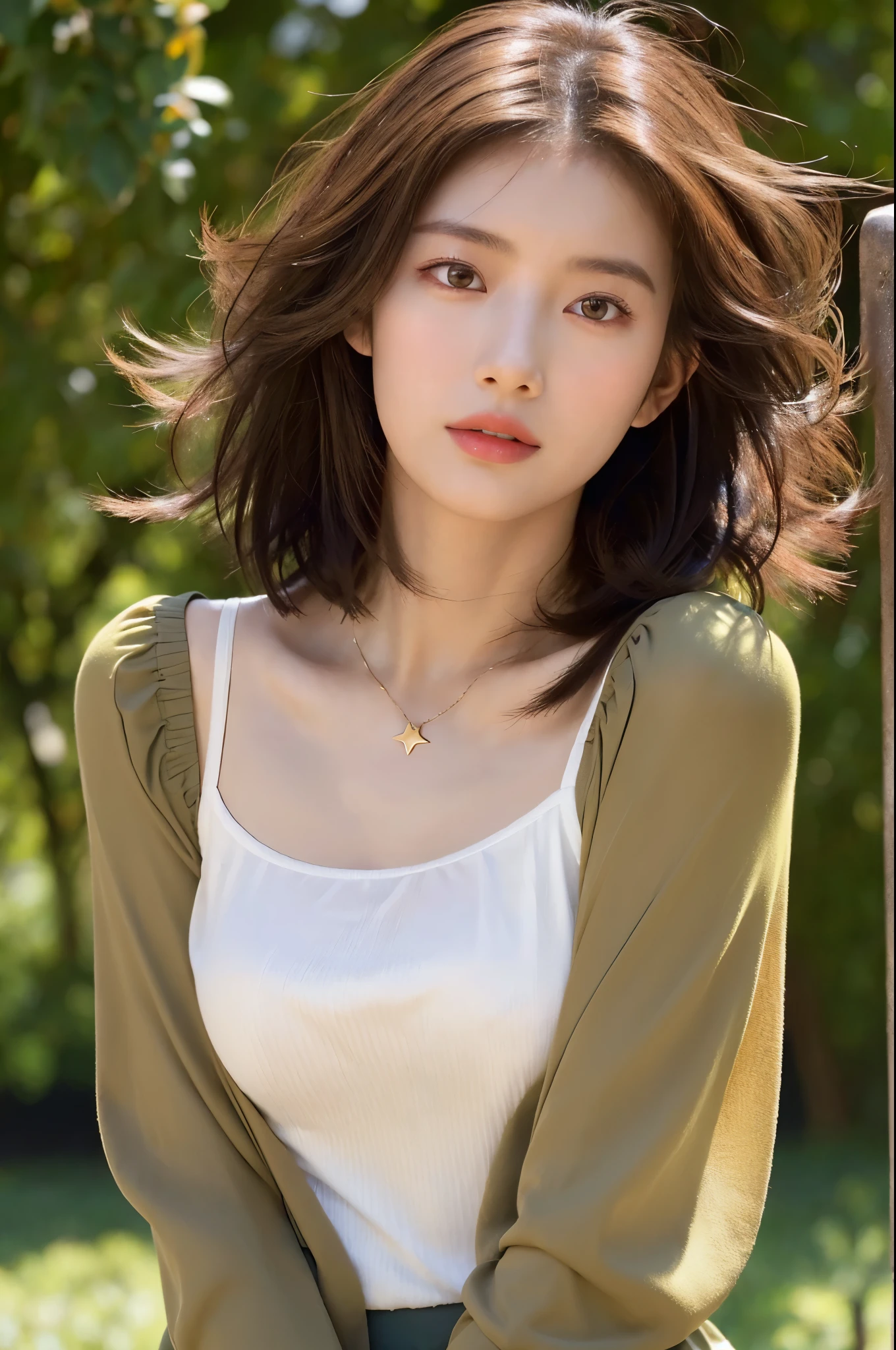 (tmasterpiece: 1.3), (8K, photograph realistic, RAW photogr, Best quality at best: 1.4), (1个Giant Breast Girl), pretty face, (Realistic face), (brunette color hair, short detailed hair: 1.3), Beautiful hairstyle, photorealistic eye, Beautiful and delicate eyes, (Realistic skin), Beautiful skins, (Clothes random), hoang lap, carismatic, Ultra-high resolution, So surreal, high detal, the golden ratio, , Beutiful women, Neat clothing, The background a sunny park, Looks like Japanese star Saito Asuka,