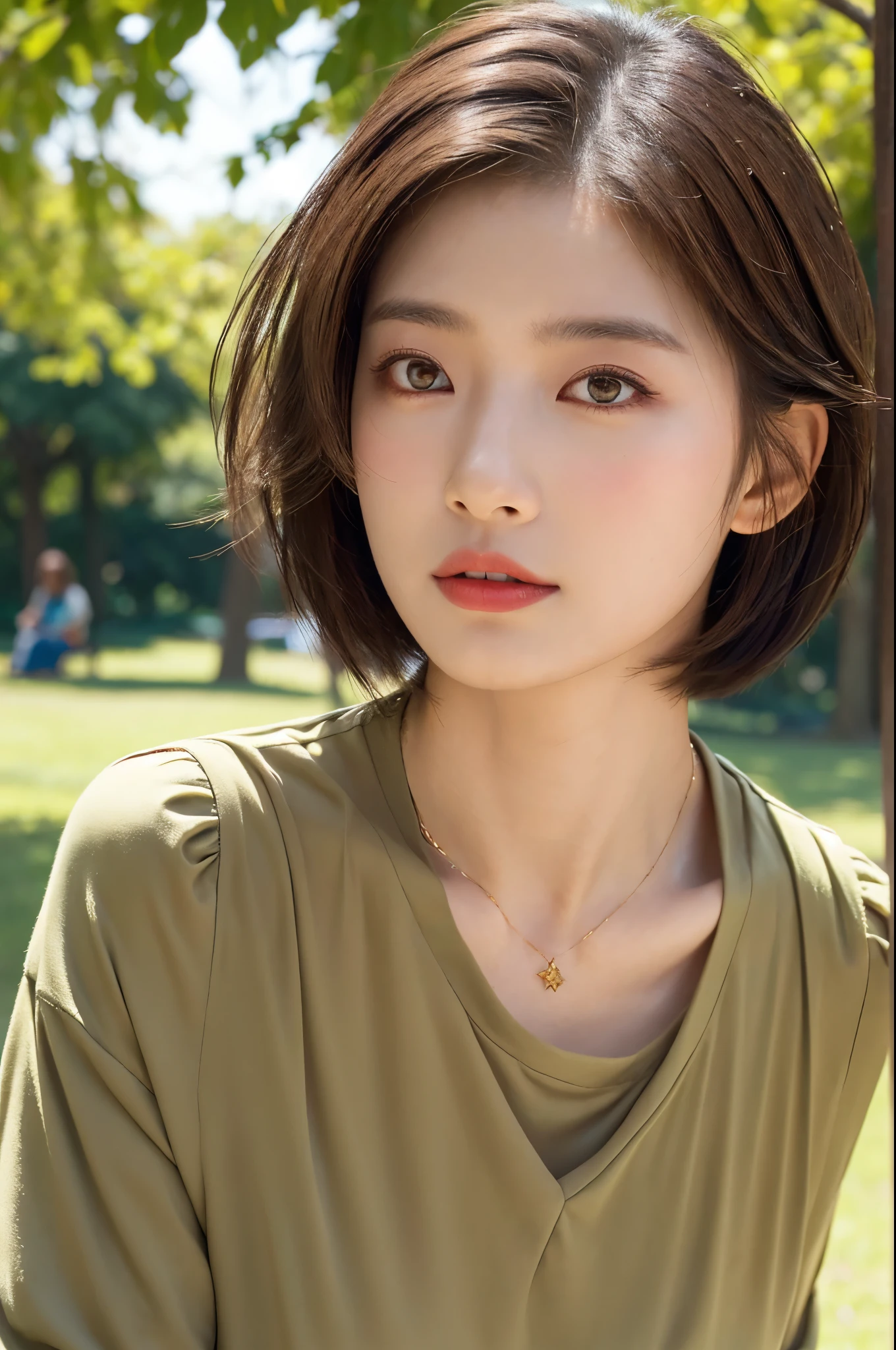 (tmasterpiece: 1.3), (8K, photograph realistic, RAW photogr, Best quality at best: 1.4), (1个Giant Breast Girl), pretty face, (Realistic face), (brunette color hair, short detailed hair: 1.3), Beautiful hairstyle, photorealistic eye, Beautiful and delicate eyes, (Realistic skin), Beautiful skins, (Clothes random), hoang lap, carismatic, Ultra-high resolution, So surreal, high detal, the golden ratio, , Beutiful women, Neat clothing, The background a sunny park, Looks like Japanese star Saito Asuka,