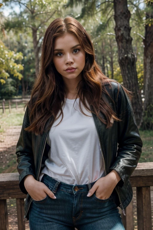 Holland Roden, Lydia Martin, Teen Wolf, 18 years, cabello pelirrojo largo y desordenado, ojos verdes, chaqueta de cuero marron sin mangas  abierta, camisa morada con estampado de flores , jeans negros oscuros, botas de color  negras, colgante de plata, estampado de lobo blanco. Fondo de bosque con aura de niebla alrededor de color ?????.