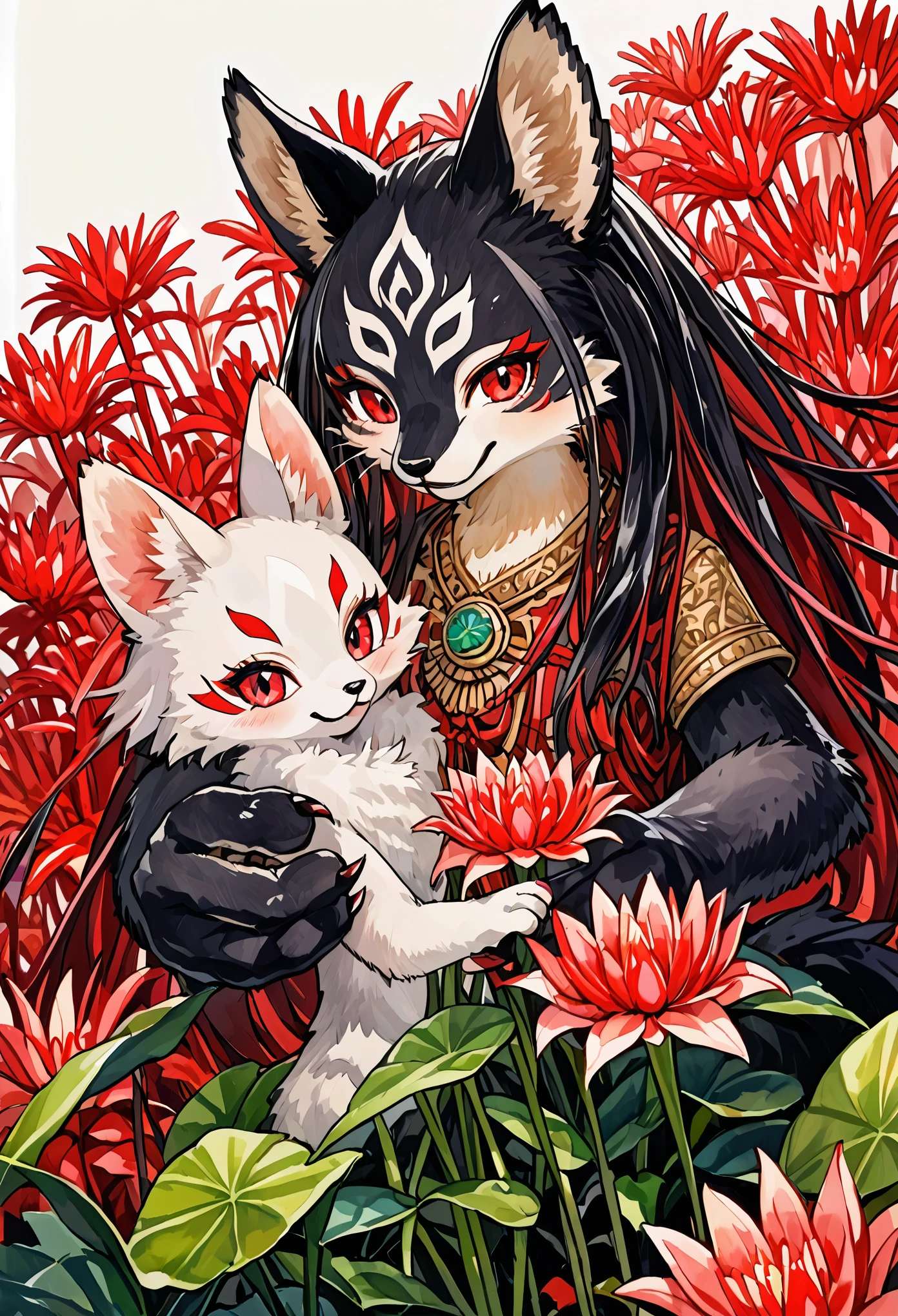 watercolor, highres, top quality, best quality, paid reward available, High-quality illustrations, unparalleled masterpiece, perfect artwork, absurdres, 1girl, kemono, furry, detailed body fur, animal face, animal hand, Archaic Smile, holding a cluster of red spider lilies in both hands, which are positioned at chest level, She is wearing a simple ring on the ring finger of her left hand, unfocused spread of red spider lilies, red coral, fan-created work shared on platforms Pixiv or Twitter,
