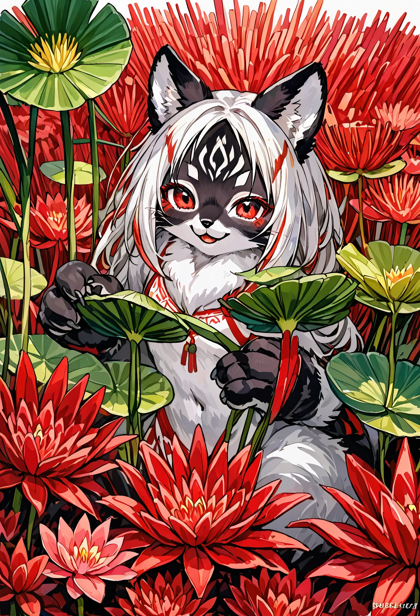 watercolor, highres, top quality, best quality, paid reward available, High-quality illustrations, unparalleled masterpiece, perfect artwork, absurdres, 1girl, kemono, furry, detailed body fur, animal face, animal hand, Archaic Smile, holding a cluster of red spider lilies in both hands, which are positioned at chest level, She is wearing a simple ring on the ring finger of her left hand, unfocused spread of red spider lilies, red coral, fan-created work shared on platforms Pixiv or Twitter,