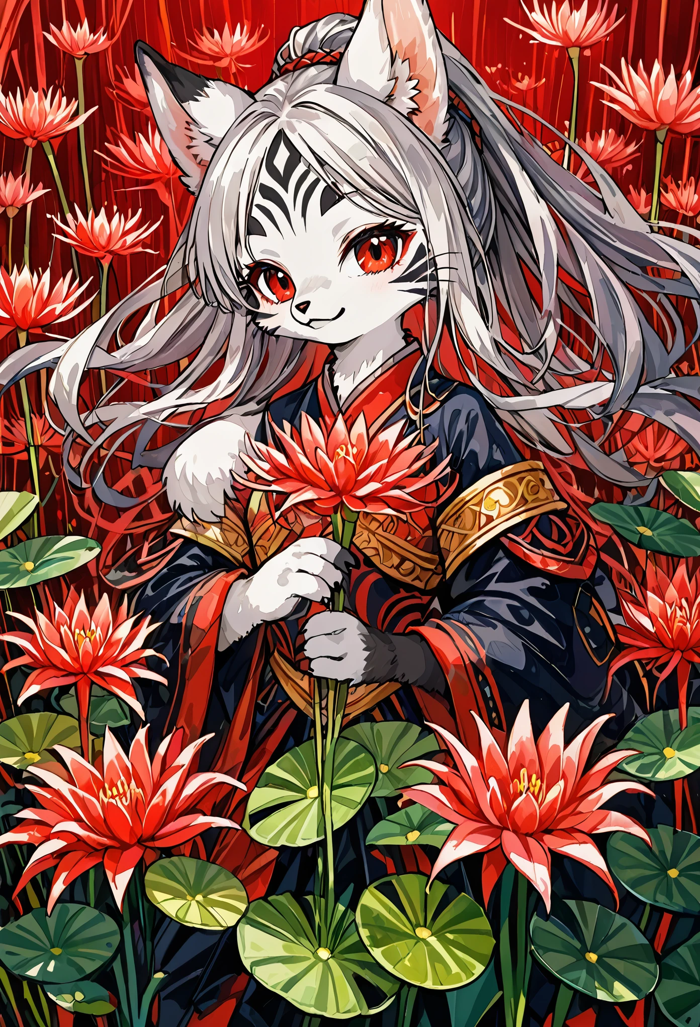 watercolor, highres, top quality, best quality, paid reward available, High-quality illustrations, unparalleled masterpiece, perfect artwork, absurdres, 1girl, kemono, furry, detailed body fur, animal face, animal hand, Archaic Smile, holding a cluster of red spider lilies in both hands, which are positioned at chest level, She is wearing a simple ring on the ring finger of her left hand, unfocused spread of red spider lilies, red coral, fan-created work shared on platforms Pixiv or Twitter,