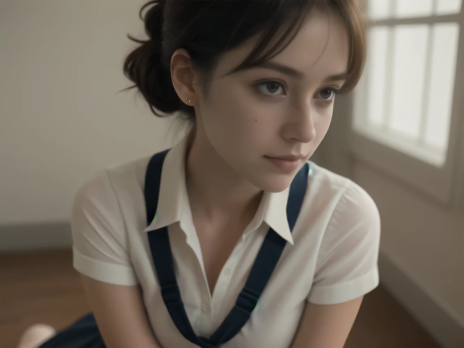 close up 1girl in, ager, Solo, Aesthetic artwork, blond, straight black hair, big brown eyes, some small freckles, pale skin, runners body, (thin hips, thin waist: 1.25), detailed skin, shy smile, (full body: 1.1), (action shot kneeling: 1.25), wearing a short sleeve button down white blouse, Buttons are undone and open, short pink pleated skirt, school girl uniform,24mm, 4k textures, soft cinematic light, RAW photo, photorealism, photorealistic, intricate, elegant, highly detailed, sharp focus, ((((cinematic look)))), soothing tones, insane details, intricate details, hyperdetailed, low contrast, soft cinematic light, dim colors, exposure blend, hdr, faded, tan clear pantyhose, massive DD tits