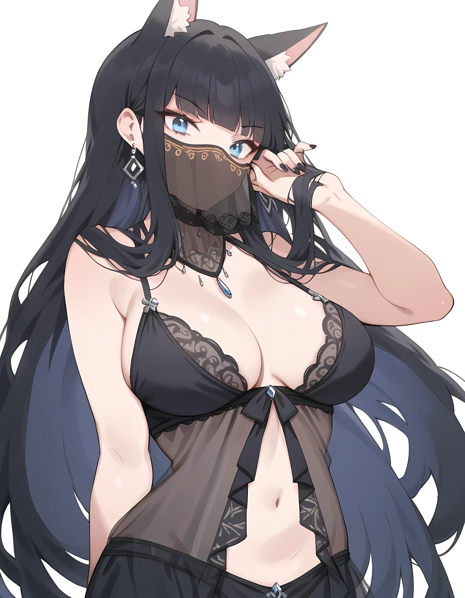 score_9, score_8_up, score_7_up, score_6_up, 1girl, 1other, animal ears, arm behind back, black hair, black nails, blue eyes, blunt bangs, breasts, closed mouth, earrings, night gown, hand up, humanization, jewelry, large breasts, long hair, looking at viewer, mouth veil, nail polish, navel, see-through, sidelocks, simple background, stomach, veil, white background, 