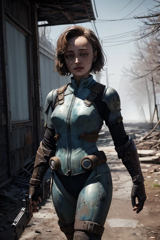 Ella Purnell, "Lucy" Fallout, post-apocalypse, fog, light particles, (best quality, masterpiece, bokeh, high resolution), fallout 4, 1girl, blue vaultsuit, VaultGirl, black hair, big eyes, glowing eyes , short hair, no pipboy3000 , leather armored, walking, holding a gun, mouth closed, looking to the side, lake, nuka cola, radiation symbol, more grainy
