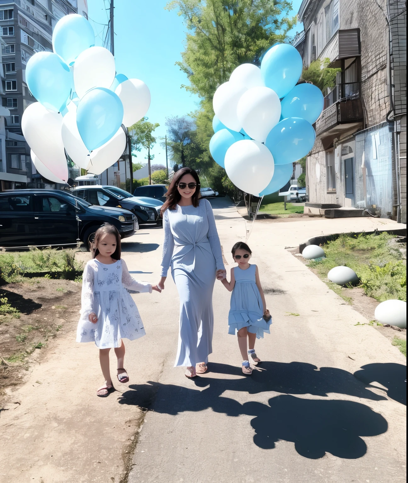 children with mother, Balloons, balloon shadows, sunny day, holiday, photoshoot