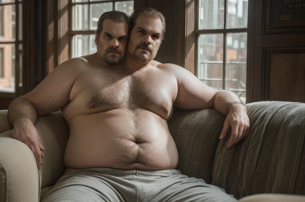 (((2heads))), solo, ((((david harbour)))), middle aged, male, short graying hair, (((obese, overweight, fat, chubby, heavy, dadbod))), ((shirtless)), navel, sweatpants, body hair, dreamy atmosphere, dark cyan and red, i can't believe how beautiful this is, serene atmosphere, epic realistic, soft cinematic light, hdr, intricate, highly detailed, (depth of field:1.4), faded, (neutral colors:1.2), (hdr:1.4), (muted colors:1.2), hyperdetailed, (artstation:1.4), cinematic, dramatic light, (intricate details:1.1), porch scenery, (rutkowski:0.66), (intricate details, hyperdetailed:1.15) (skin texture:1.2), detailed expressions, natural pose, sitting on couch