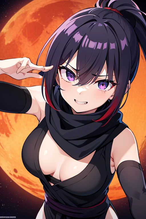 (masterpiece), best quality, (expressive eyes), perfect face, a ninja girl, dynamic black long hair, (hair over one eye), bangs, pony tail, wide open eyes, purple eyes, smug smile, teeth, black ninja mouth mask, purple scarf, dark purple sleeveless suit, black tight sleeves, shot from below, ((looking down at viewer)), ((close up shot)), red sky night indoor scenery, yellow moon, ninja shushing pose