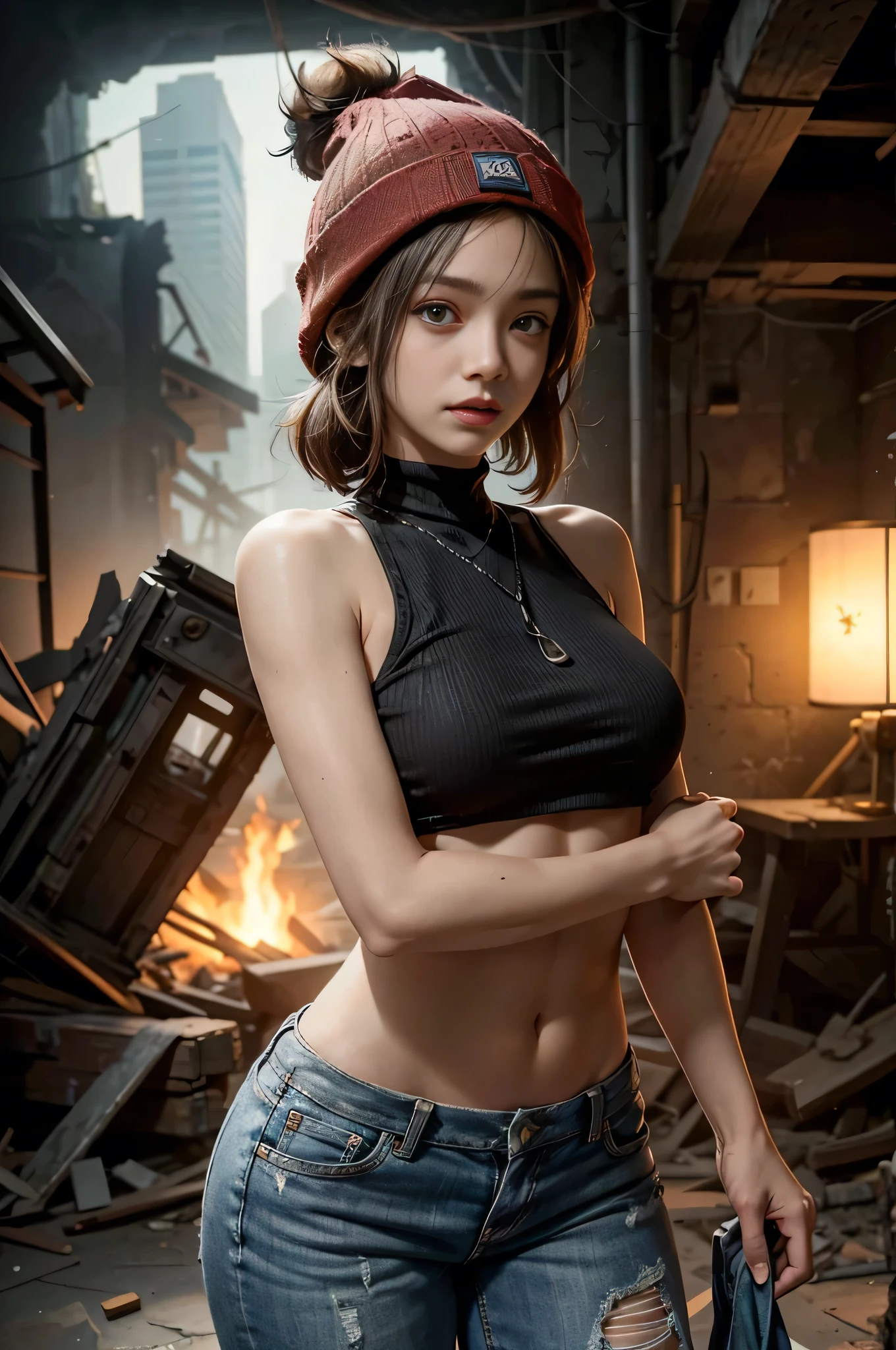 A woman with goddess body, wears a beanie with her sleeveless shirt and short thigh pants, distressed details, ripped details, gauze, bandages, ((masterpiece, highres, textured skin, UHD, anatomically correct, chiaroscuro, drop shadow, cinematic lighting, depth of field,  soft lighting, warm tone)), A post-apocalyptic scenery, wasteland, destroyed buildings, ruins, debris, sand blizzard, dust, rusty, wreck