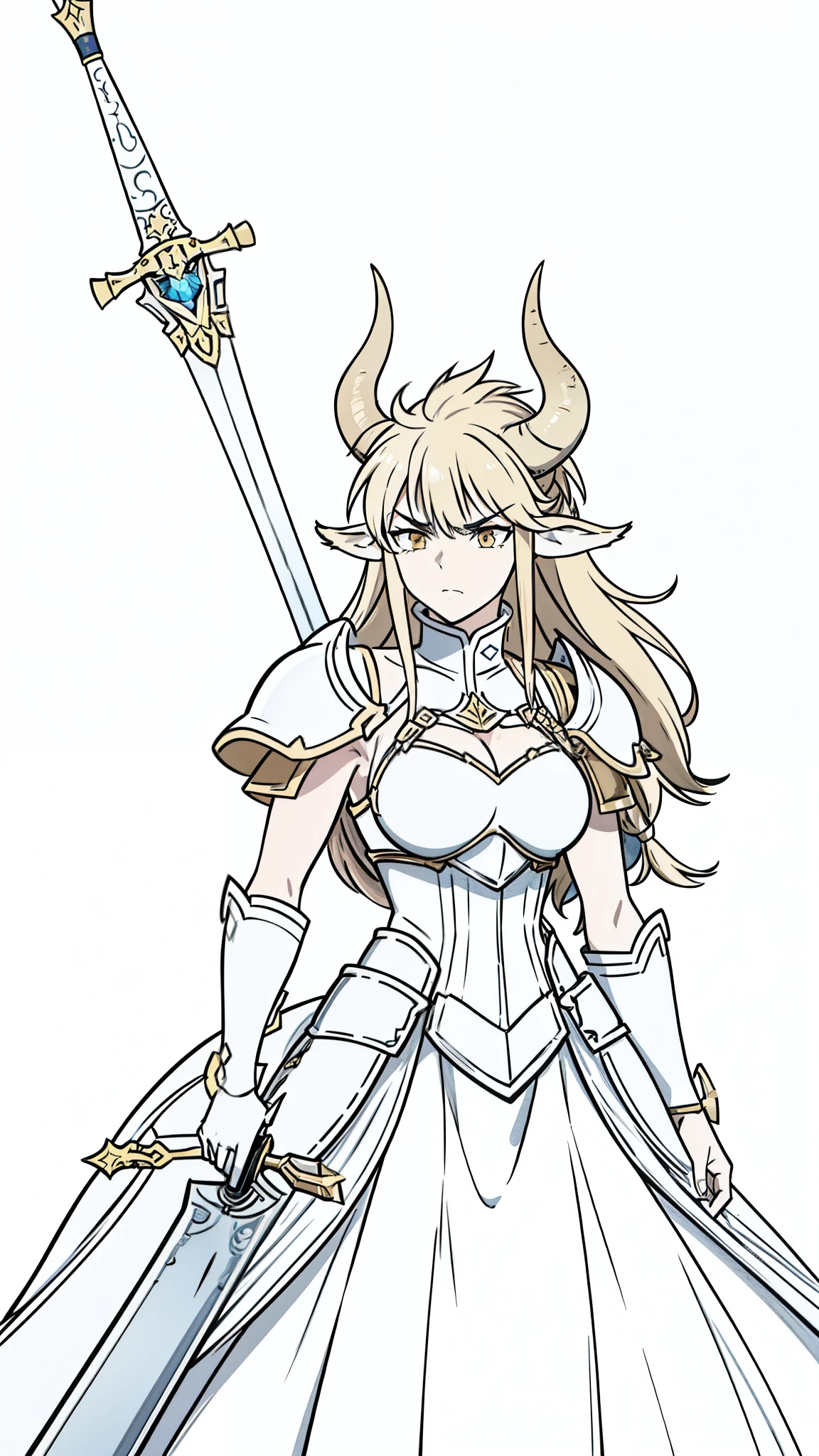 1girl,20 years old,solo,(white background,line drawing),long hair,angry,horns,gold knight armor,perfil,cow ears,separated lips,holding a sword,4k