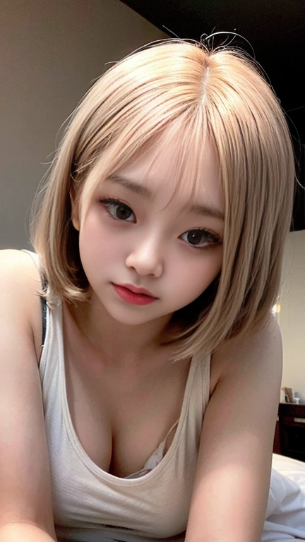 Masterpiece、1 beautiful girl、a delicate face、delicate eyes、Delicate skin、top quality、Japanese、Bright lights illuminate from the front、professional lighting、The background is a bit blurry、short hair、Background on an old hotel bed in Paris、Lying in bed、The clothing is a white camisole、The hair is wet and messy、The nipple leaked out