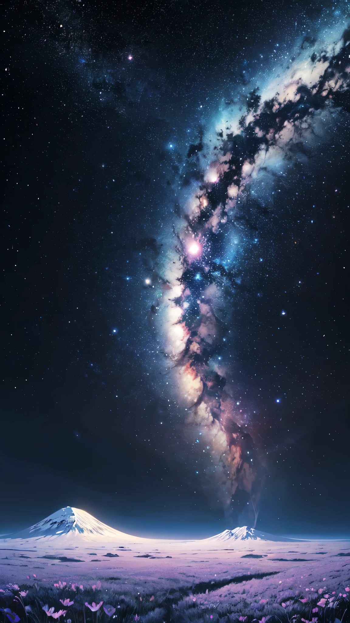 starry night sky with a mountain and a field of white flowers, endless cosmos in the background, moonlit starry sky environment, anime background, background is space, sitting on the cosmic cloudscape, on a galaxy looking background, magnificent background, space sky, cool background, heaven planet in background, space in background, on cosmic cloudscape, magical background, icey tundra background