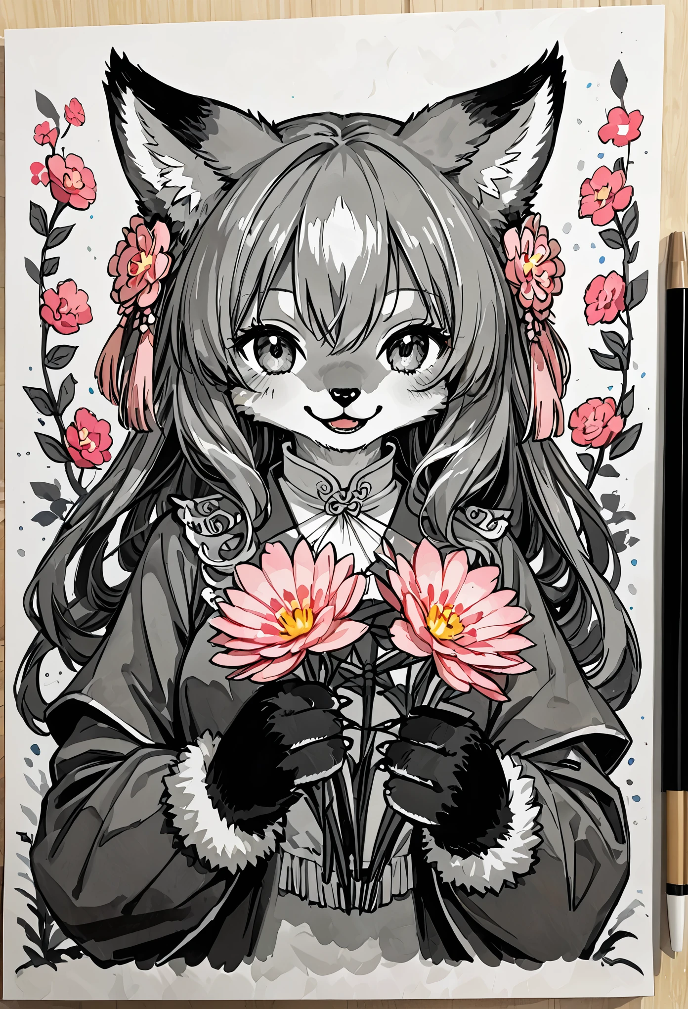 monochrome, watercolor, highres, top quality, best quality, paid reward available, High-quality illustrations, unparalleled masterpiece, perfect artwork, absurdres, 1girl, kemono, furry, detailed body fur, animal face, animal hand, Archaic Smile, holding a cluster of pink flower in both hands, which are positioned at chest level, She is wearing a simple ring on the ring finger of her left hand, unfocused spread of pink flower, fan-created work shared on platforms Pixiv or Twitter,